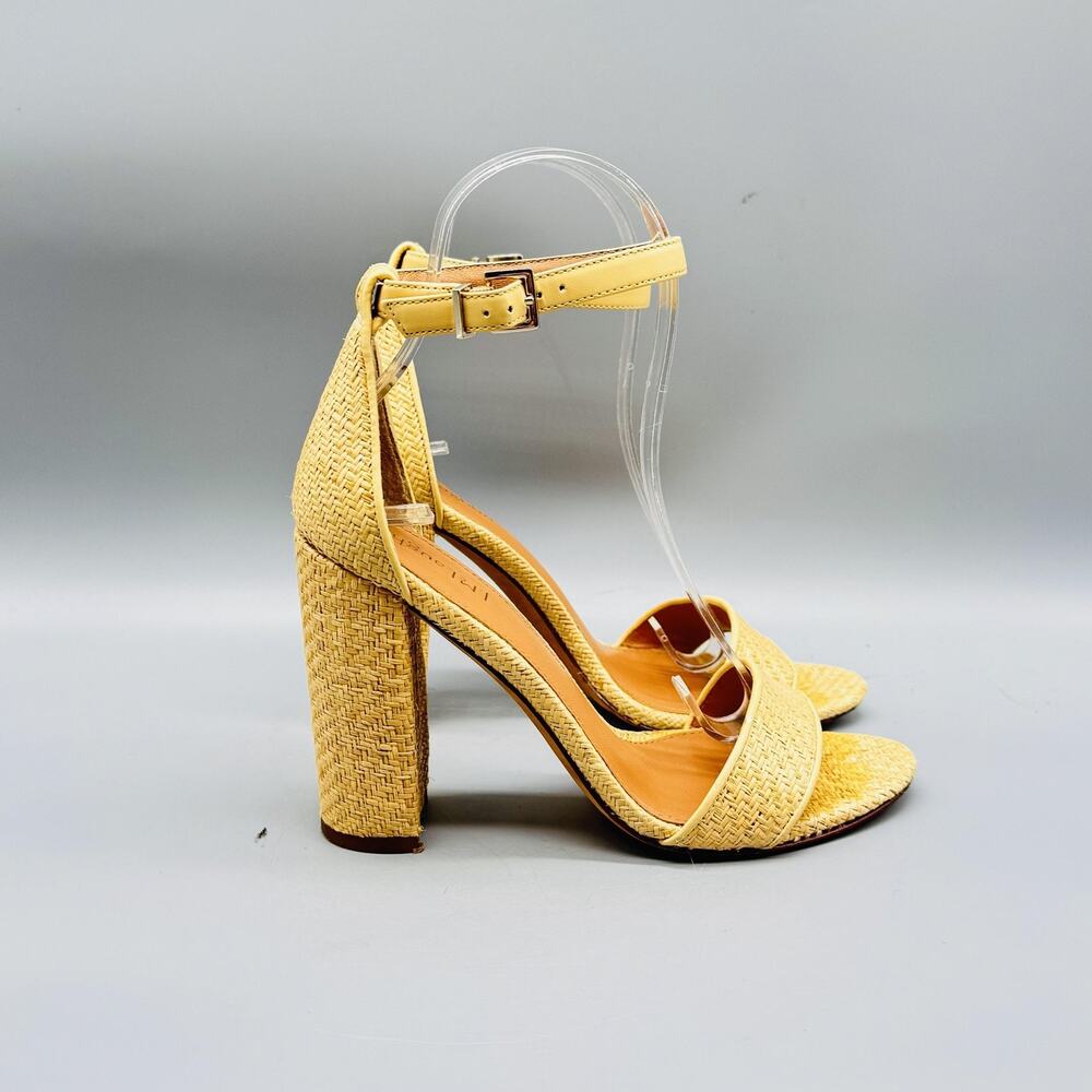 J McLaughlin Sandals Women 6.5 Tan Raffia Block Heel Ankle Strap Shoes